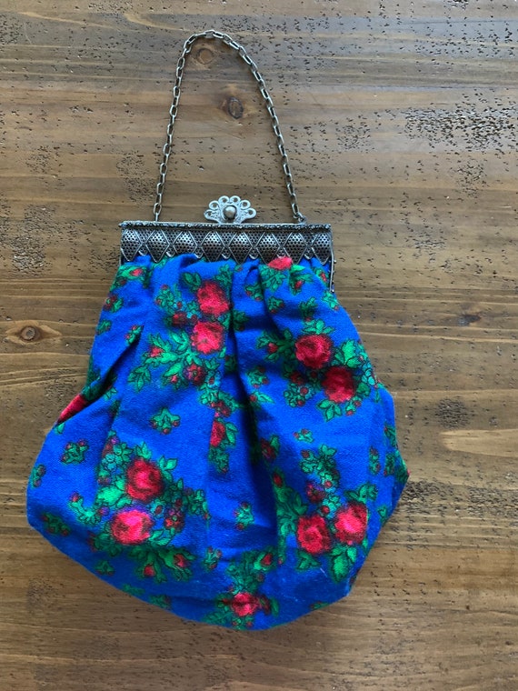 Vintage 1970's Handbag ~ Royal Blue With Red Rose… - image 6
