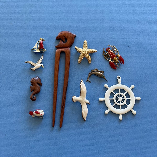 10 1960's Vintage Nautical Pin Brooches And Pendant ~ Swordfish, Seahorse And Seagulls, Starfish, Sterling, Wood, & Enamel ~ Great Condition