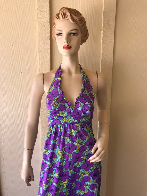 Vintage 1960's Halter Dress ~ Mod Purple And Turq… - image 3