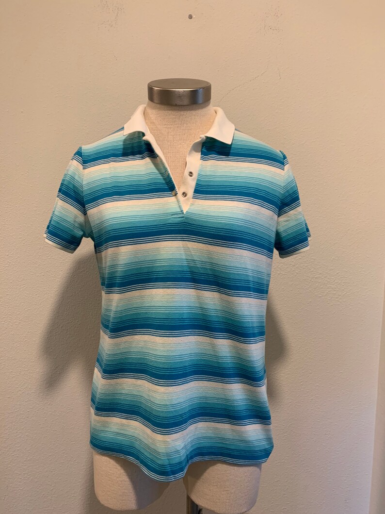 Great Condition ~ Size Small Two Snaps Vintage 1970\u2019s Shirt ~ Turquoise And White Cotton Polo Shirt