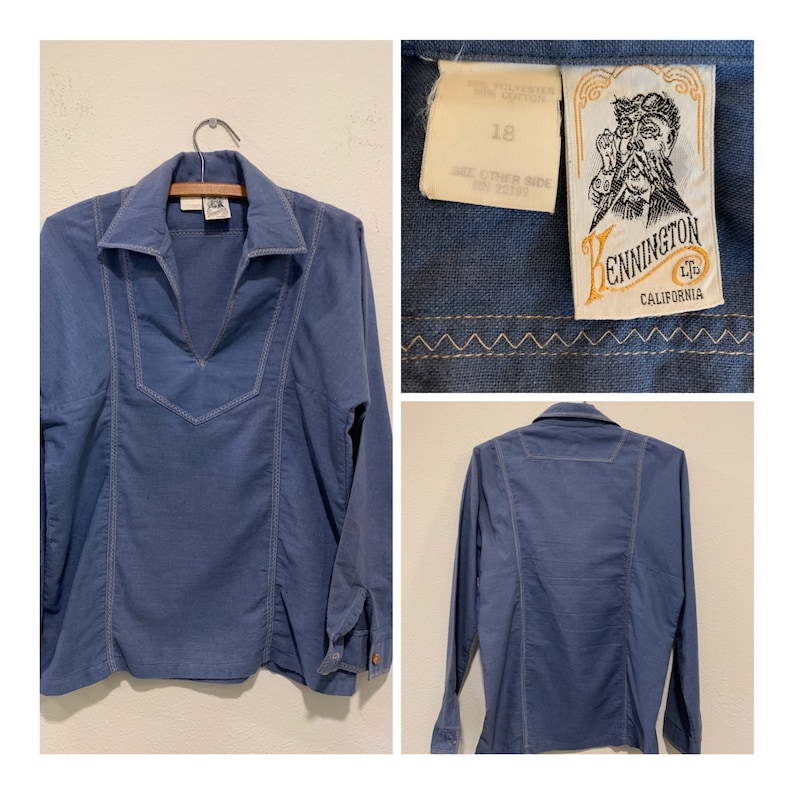 Early 1970/'s Vintage Woman/'s Shirt ~ Blue Hippie California Shirt With Fancy Stitching Wood Buttons ~ Great Quality /& Condition