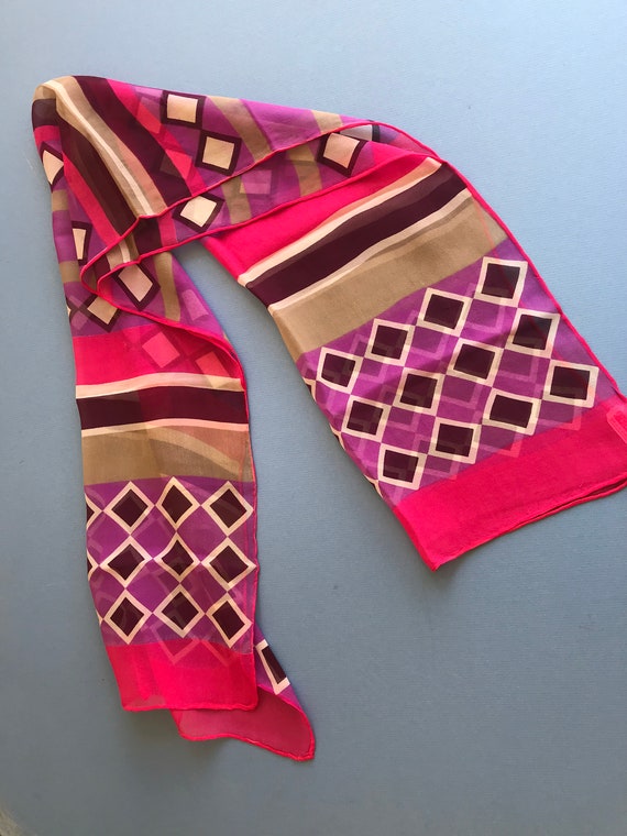 1970's Vintage Silk Scarf ~ Pink, Purple, And Bro… - image 2