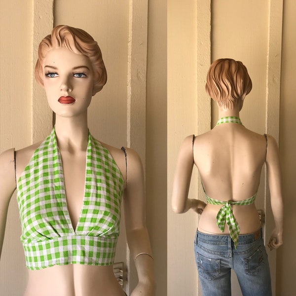 Early 1970's Vintage Halter Top ~ Green And White Check Print, Ties In the Back ~ Size 32 B ~ Great Condition