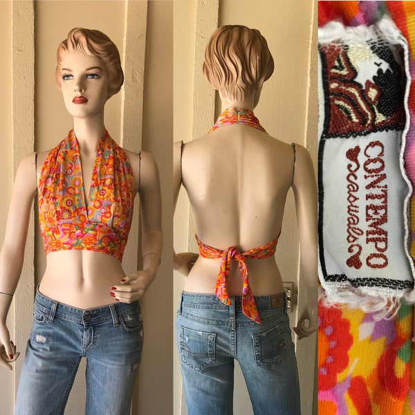 Early 1970's Vintage Halter Top ~ Orange Colorful Nylon Print ~ Contempo Casuals, Size 32, But Adjustable, Great Quality And Condition