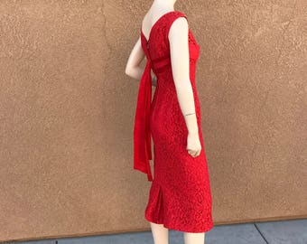 Vintage 1960's Dress ~ Red, Lace, Sleeveless, Lined, Wiggle Dress With Long Red Sash In Back ~ Size Very Small ~ Very Good Condition