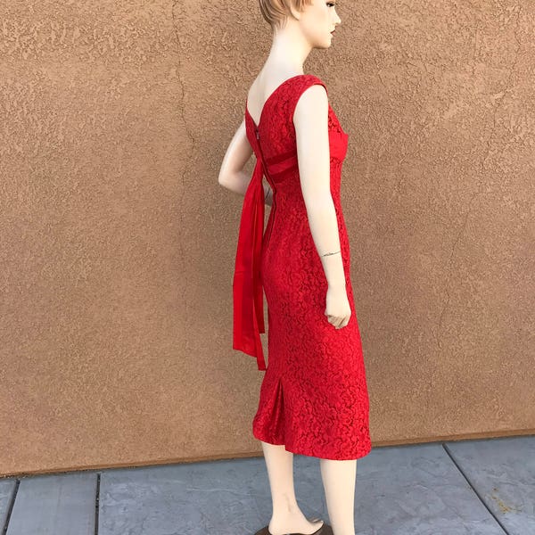 Vintage 1960's Dress ~ Red, Lace, Sleeveless, Lined, Wiggle Dress With Long Red Sash In Back ~ Size Very Small ~ Very Good Condition