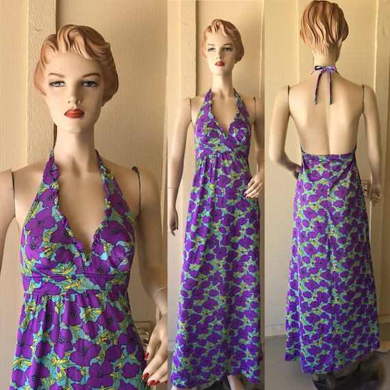 Vintage 1960's Halter Dress ~ Mod Purple And Turq… - image 1