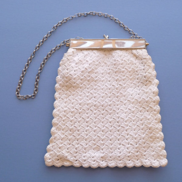 1970's Vintage Large Handbag ~ Crocheted Hippie Boho Cloth  Handbag, Purse, Silvertone Handle and Frame, Well Made, White ~ Great Condition