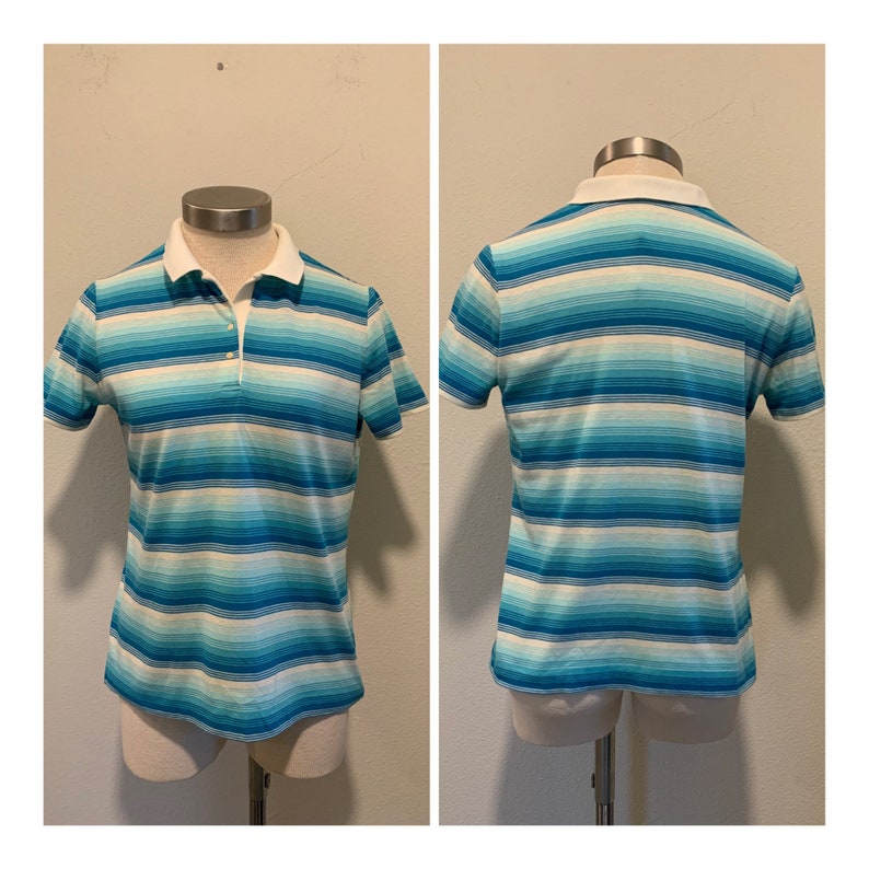 Great Condition ~ Size Small Two Snaps Vintage 1970\u2019s Shirt ~ Turquoise And White Cotton Polo Shirt