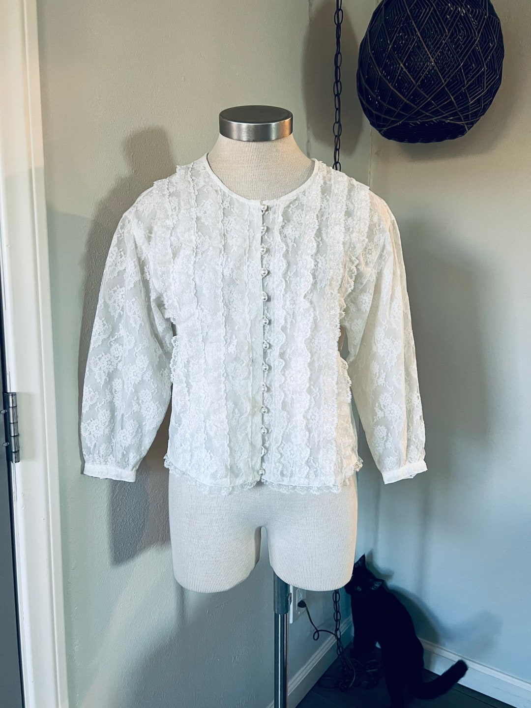 Vintage Floral Neck Tie Button Blouse White main image 0