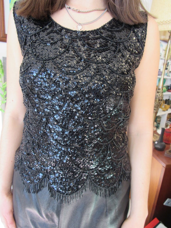 Vintage Black Bead and Sequin Top Size 37 Bust - image 2