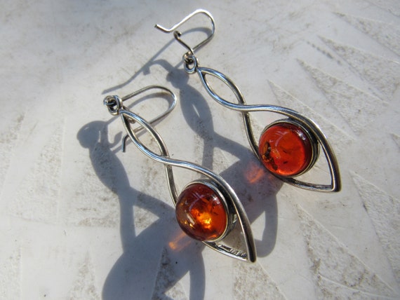 Boucles D'oreille Vintage En Argent Avec Ambre - Occasion - Pièce Unique Et élégante
