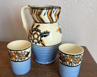 Vintage Blue and Brown Ceramic Pitcher and Cups Handmade