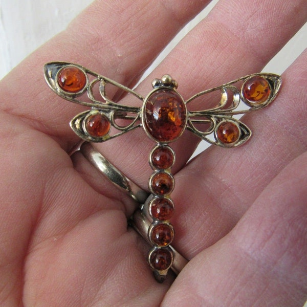 Vintage Silver and Amber Dragonfly Brooch made in Poland