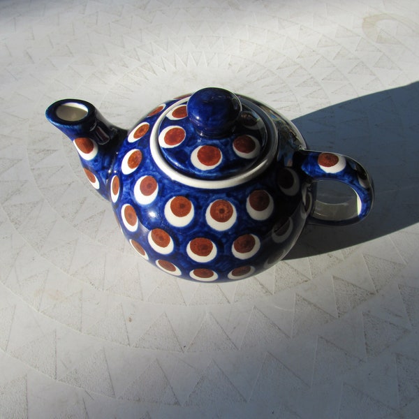 Blue and Brown Ceramic Polka Dot Tea Pot Hand Painted