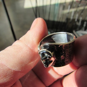 May include: A silver ring with a black stone set in a hammered band.