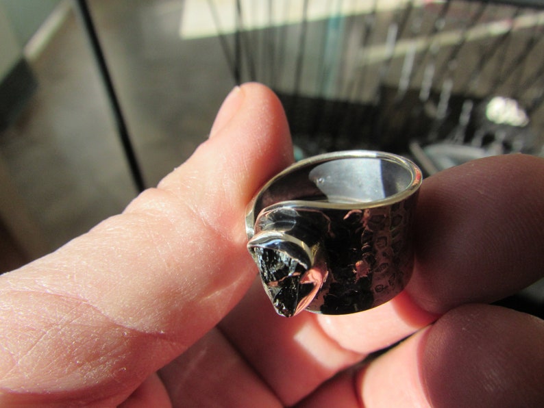 May include: A silver ring with a black stone set in a hammered band.