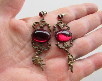 Vintage Cherub Red Glass Dangle Earrings