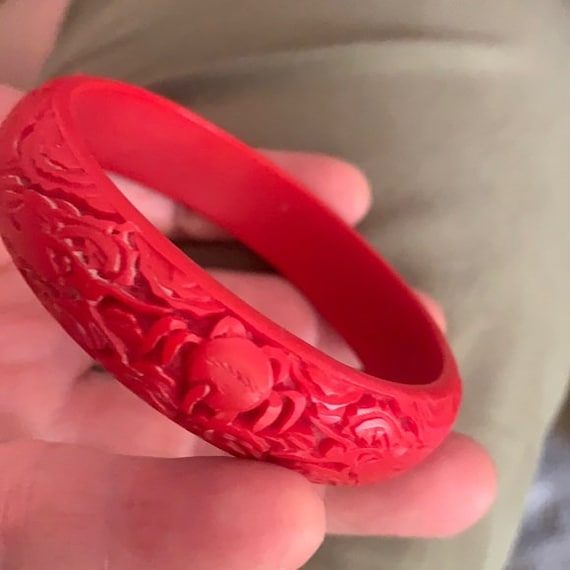 Vintage Red Carved Cinnabar Bangle Bracelet Etsy