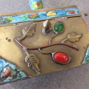 Antique Cloisonne Chinoiserie Enameled Brass Chinese Handled Silk Iron Box with Lid