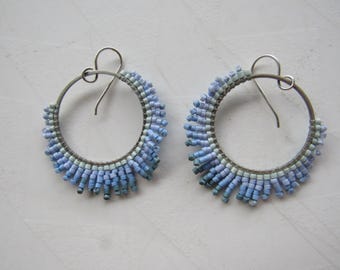 Handmade Blue Beaded Hoop Earrings