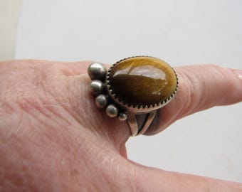 Vintage Handmade Artisan Sterling and Tiger's Eye Bear Paw Ring Size 8.75