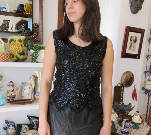 Vintage Black Bead and Sequin Top Size 37 Bust - image 1