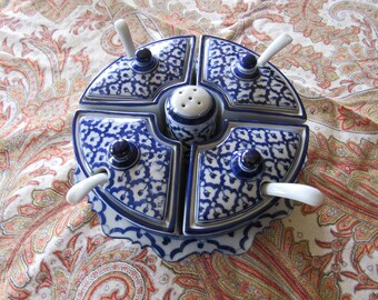 Boîte à condiments vintage en céramique chinoise bleue et blanche