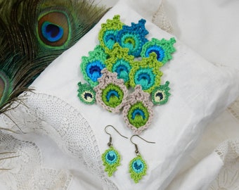 NEW! Crochet PATTERN Barhin Peacock Feather Motif for Earrings, Pendants, Dangles and Appliques - micro crochet jewelry