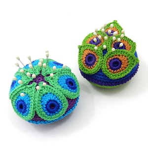 Crochet PATTERN Pincushion with Peacock Feathers - lovely sewing item and very decorative - great gift idea