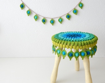 Crochet PATTERN Peacock Feather, Stool Cover and Garland "Pop Up"  - Original Design by TheCurioCraftsRoom