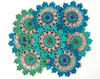 Crochet PATTERN Crown Coaster or Doily Motif. Clear photo tutorial. They look lovely in peacock style - Original Design TheCurioCraftsroom