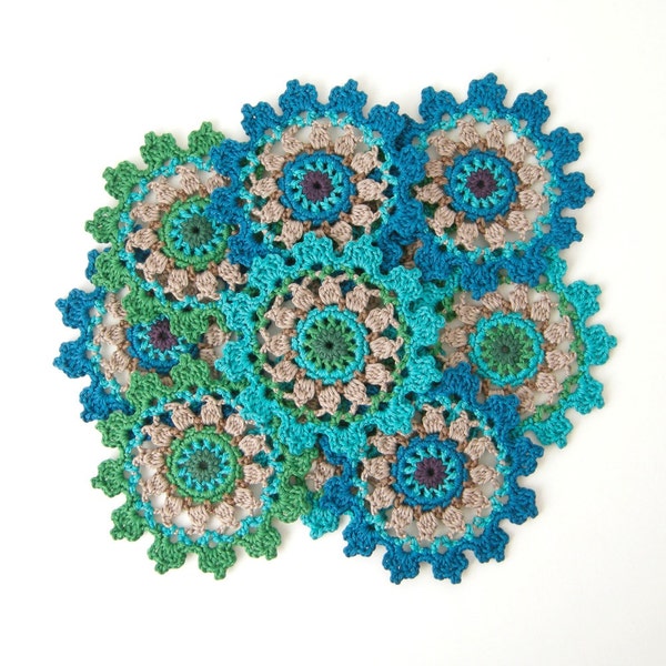 Crochet PATTERN Crown Coaster or Doily Motif. Clear photo tutorial. They look lovely in peacock style - Original Design TheCurioCraftsroom