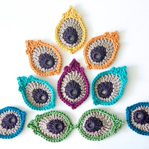 Crochet Motif PATTERN: Peacock Eye Feather PHOTO TUTORIAL Cute little applique original design by The Curio Crafts Room image 7