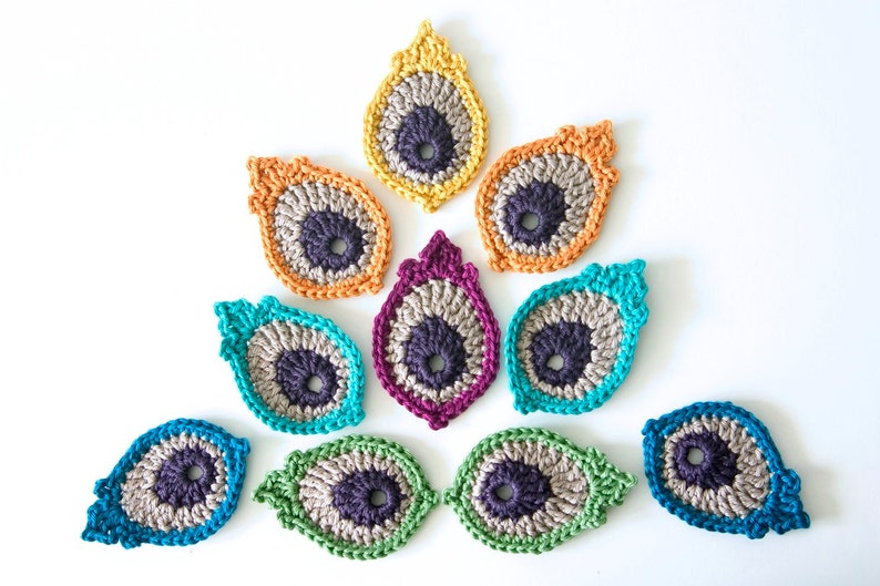 Crochet Motif PATTERN: Peacock Eye Feather PHOTO TUTORIAL Cute little applique original design by The Curio Crafts Room image 7