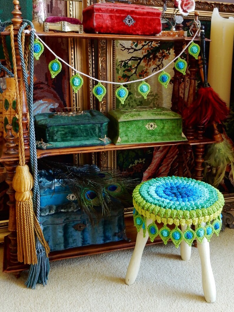 Crochet PATTERN Peacock Feather, Stool Cover and Garland Pop Up Original Design by TheCurioCraftsRoom image 6