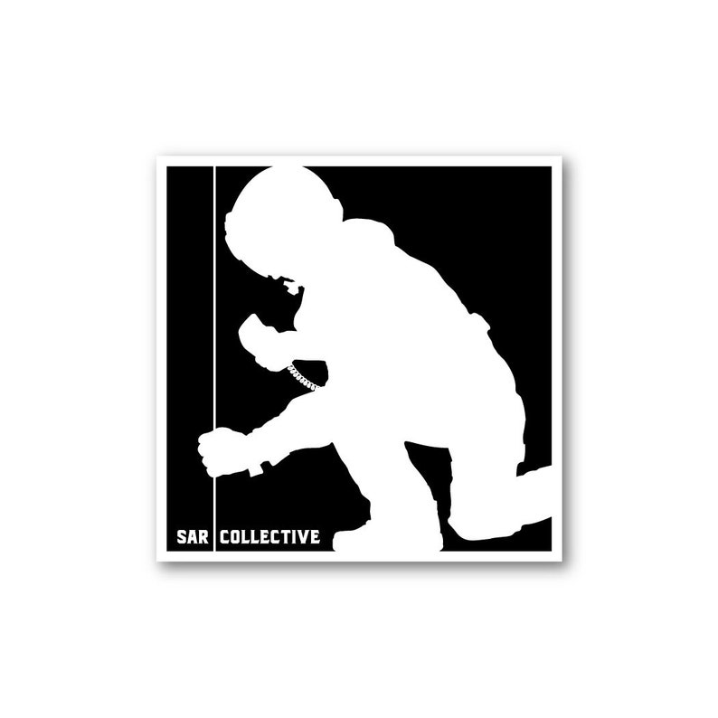 May include: A white silhouette of a person wearing a helmet and kneeling, with the text "SAR COLLECTIVE" below.