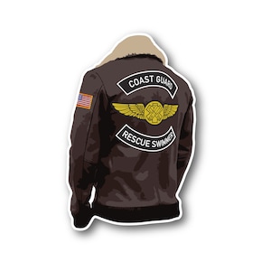 May include: A brown leather jacket with a cream-colored shearling collar. The back of the jacket features patches that read "COAST GUARD" and "RESCUE SWIMMER", along with a gold emblem. An American flag patch is on the left sleeve.