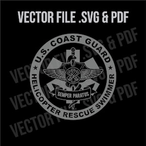 May include: A black and white graphic design of the U.S. Coast Guard Helicopter Rescue Swimmer emblem. The emblem features a stylized medical cross with a winged snake and the words "U.S. Coast Guard", "Helicopter Rescue Swimmer", and "Semper Paratus".