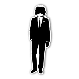 May include: Black and white silhouette of a person wearing a suit and a helmet with a headset. The person has the text "JP8" on their chest.