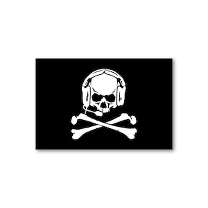 May include: A black and white skull with headphones and crossed bones. The skull is wearing a headset with a microphone.