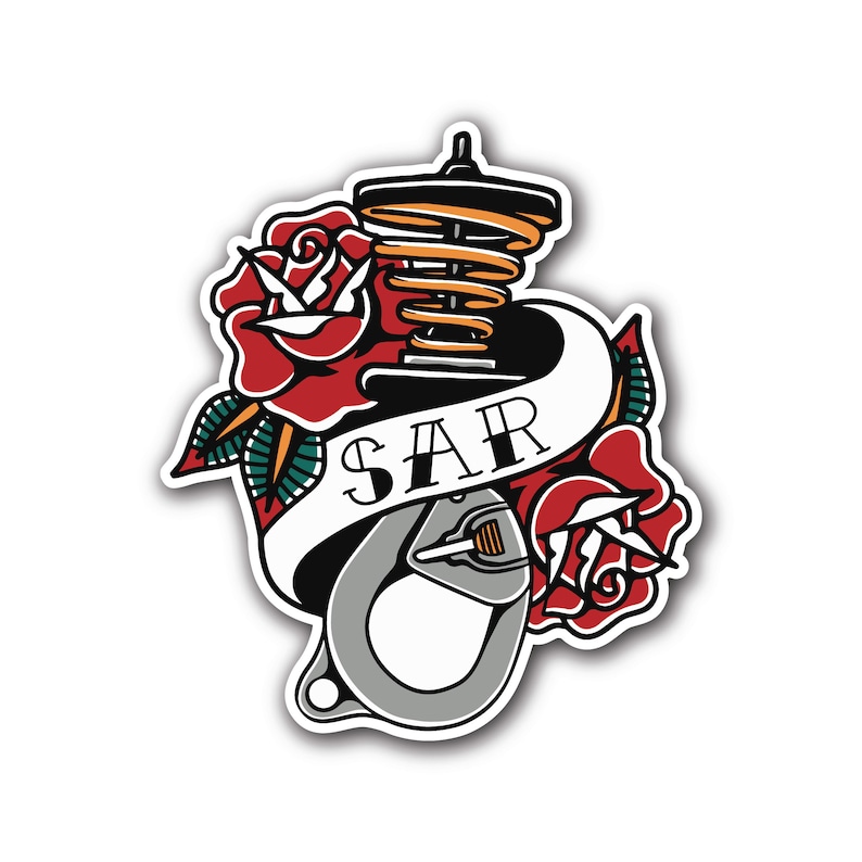 May include: A vintage-style illustration of a car suspension spring with a rose and a banner that reads "SAR". The illustration is in red, green, yellow, and gray.