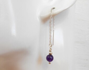 Amethyst Gemstone Sterling Silver Threader Earrings, February Birthstone, Handmade in UK