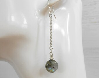 Grey Labradorite Gemstone Long Dangle Earrings, Sterling Silver Shepherd Hooks, Handmade in UK