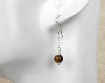 Brown Tigers Eye gemstone earrings on sterling silver shepherd hooks, long gemstone dangle earrings, ideal jewellery gift for her