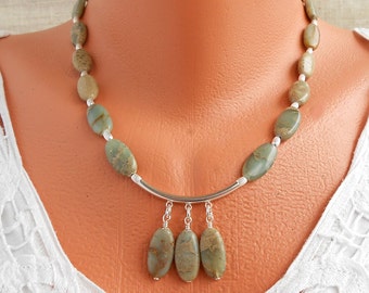Semi Precious Snakeskin Jasper Sterling Silver Necklace Multi Drop Jasper Necklace Blue Green Necklace UK Gift For Her Jasper Jewellery