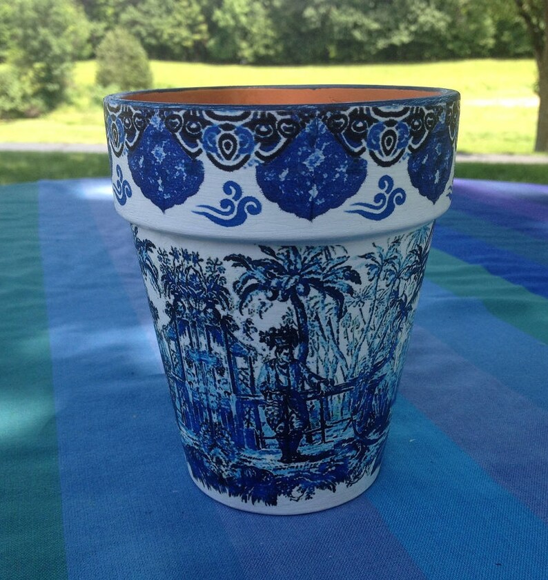 Chinoiserie Ginger Jar Flower Planter Cache Pot Blue and Etsy