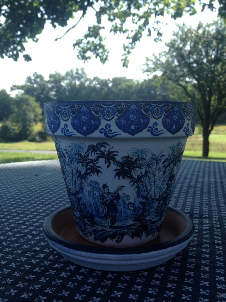 Chinoiserie Ginger Jar Flower Planter Cache Pot Blue and Etsy