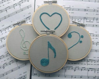 Heart and Music in Teal - Ready to Ship Embroidery Set of 4 for Music Lovers