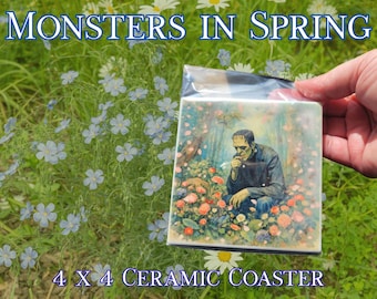 Monsters in Spring Watercolor Ceramic Coaster | Bookish Home Decor